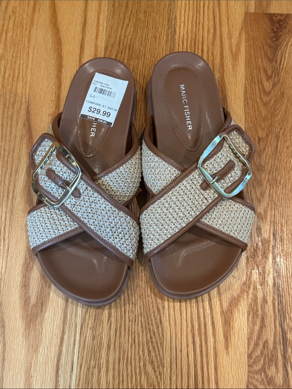 Marc Fisher Tan Brown Braided Buckle Slide Mules